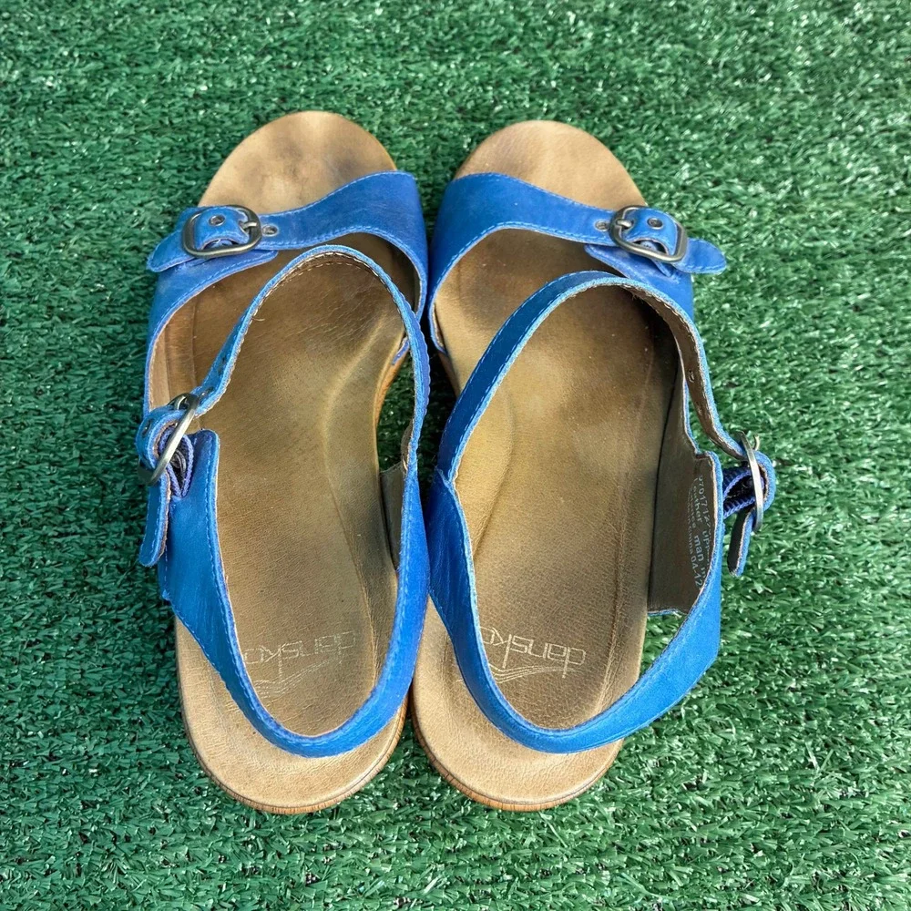 Dansko Thea Clog Leather Buckle Strap Platform Wedge Sandal Blue Womens Sz 8.5-9